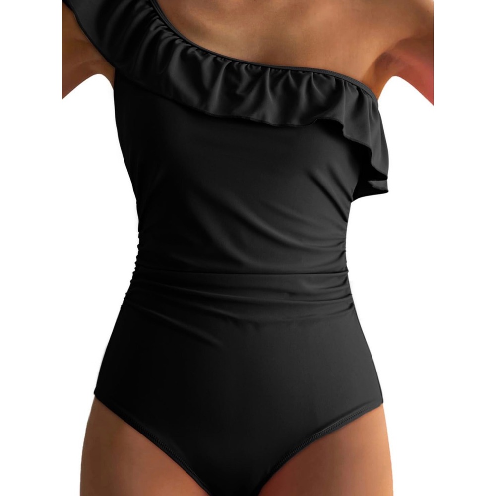 Womens‎ One Shoulder Ruffle One Piece Swimsuit Ruched Tummy Control Black L